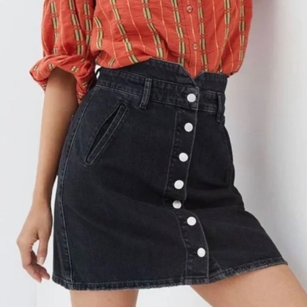Anthropologie Pilcro Button-Front Denim Mini Skirt Black Size 6 Utility Bohemian - Picture 15 of 16